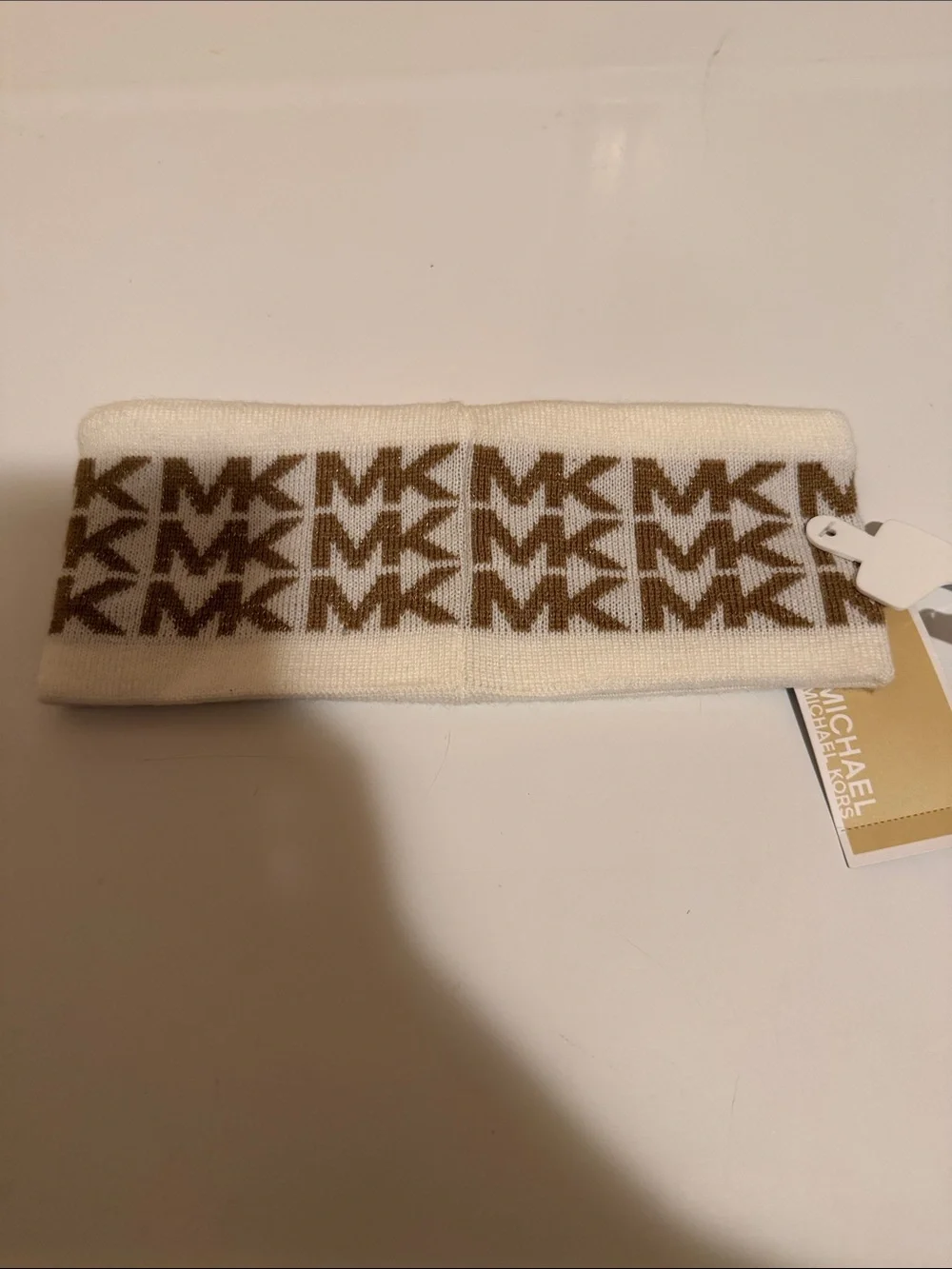 Michael Kors Cream and Gold MK Logo Knit Headband